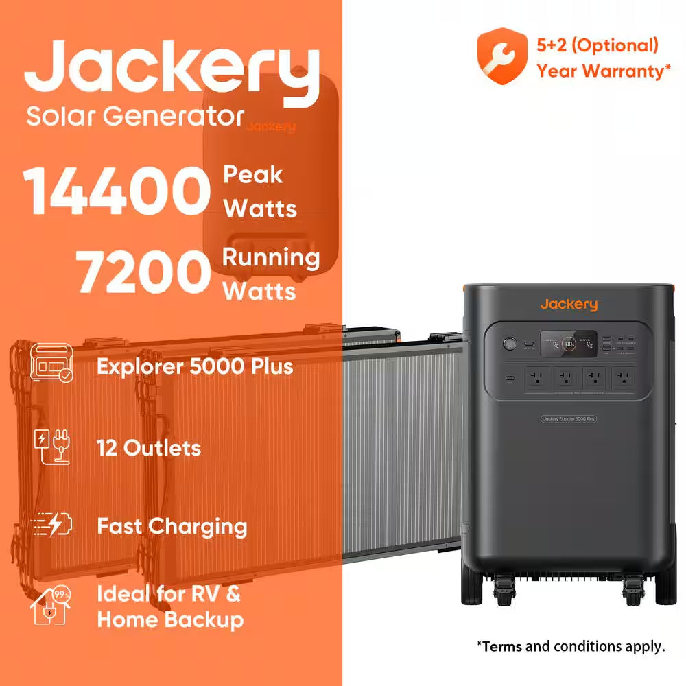 7200-W/14400-W Peak Solar Generator 5000-Plus Push Button Start W/ Smart Transfer Switch and 2-Piece 500X