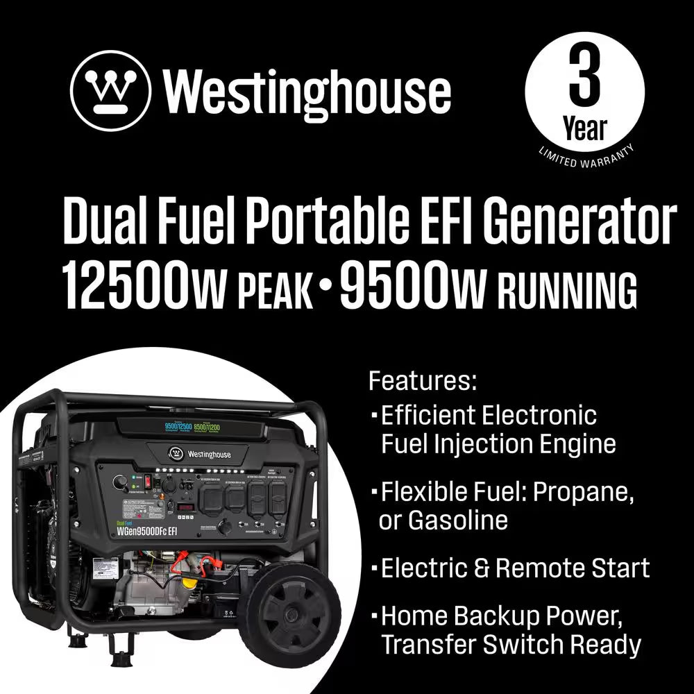 12,500/9,500-Watt Dual Fuel Gas and Propane Powered EFI Portable Generator with Remote Electric Start, 50 Amp Outlet
