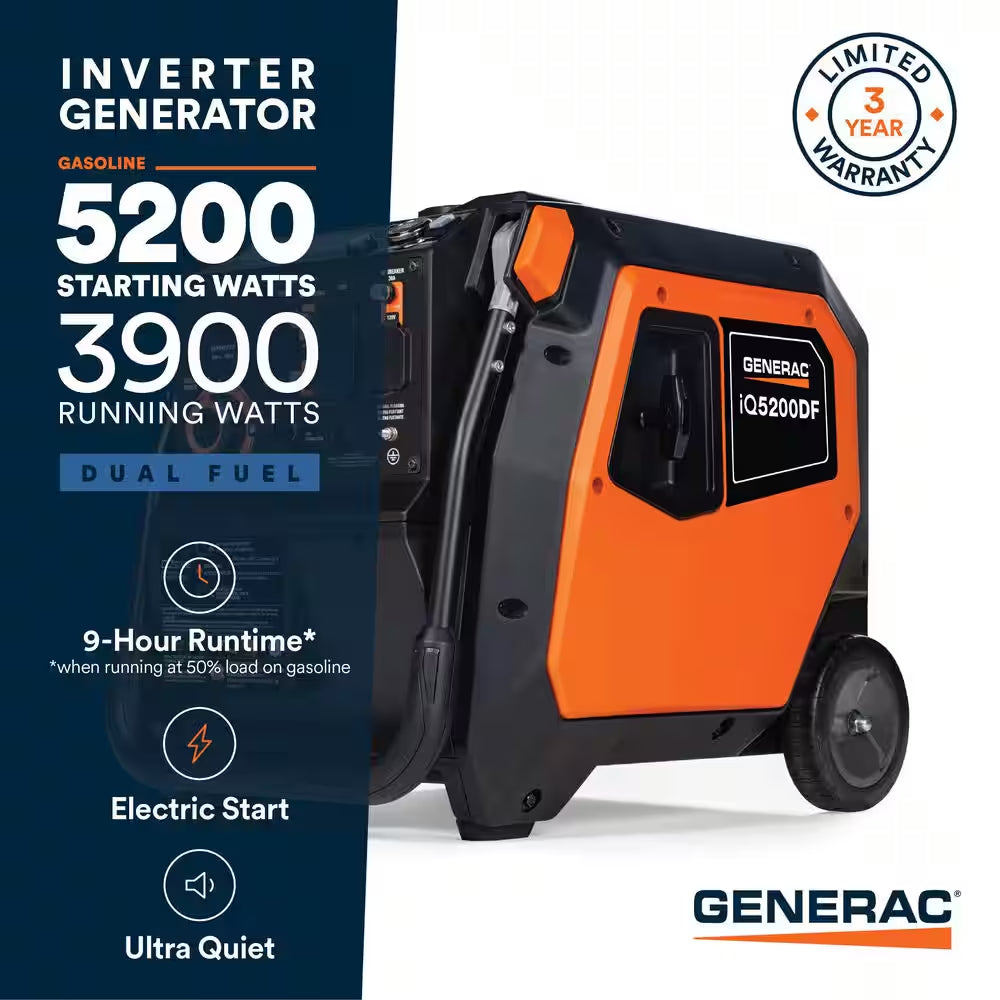 5200/3900-Watt Dual Fuel Inverter Generator, Fully Enclosed Case and Easy-To-Use Electric Start with Battery Included