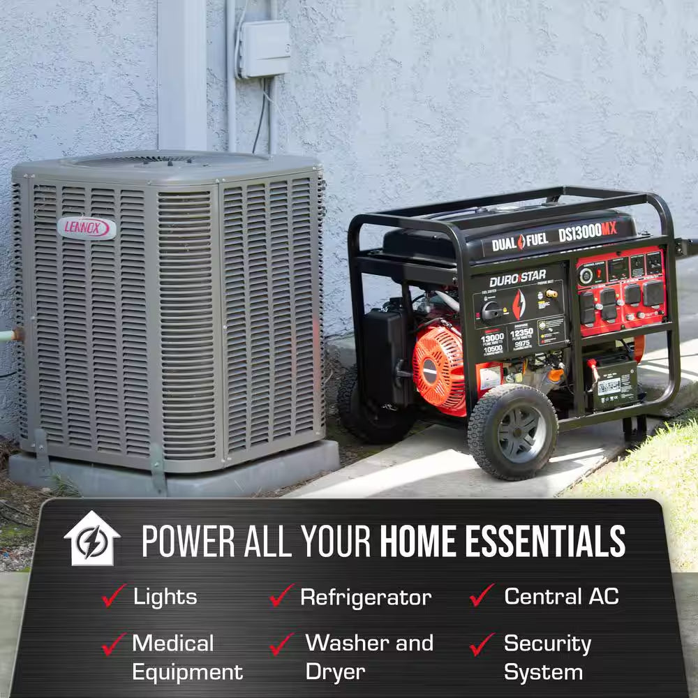 13000-Watt Push Button Start Dual Fuel Gas and Propane Powered Portable Generator with CO Shutdown Sensor 50Amp Outlet