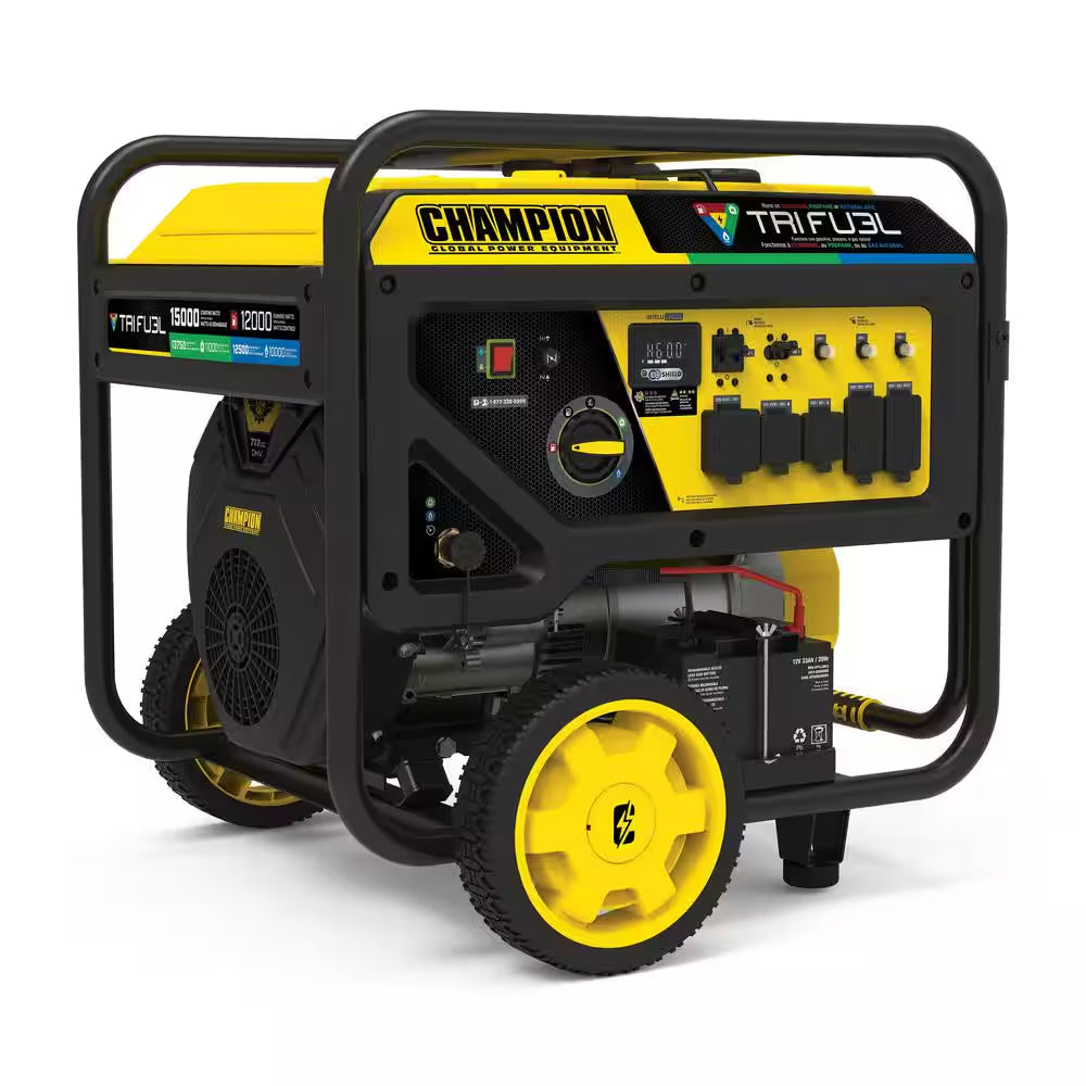 15,000/12,000-Watt Electric Start Gasoline Propane and Natural Gas Tri-Fuel Portable Generator, CO Shield, NG/LPG Hoses