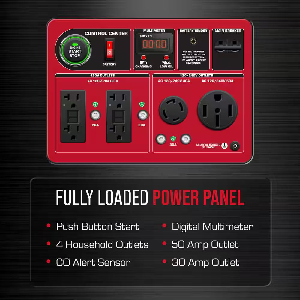 13000-Watt Push Button Start Dual Fuel Gas and Propane Powered Portable Generator with CO Shutdown Sensor 50Amp Outlet