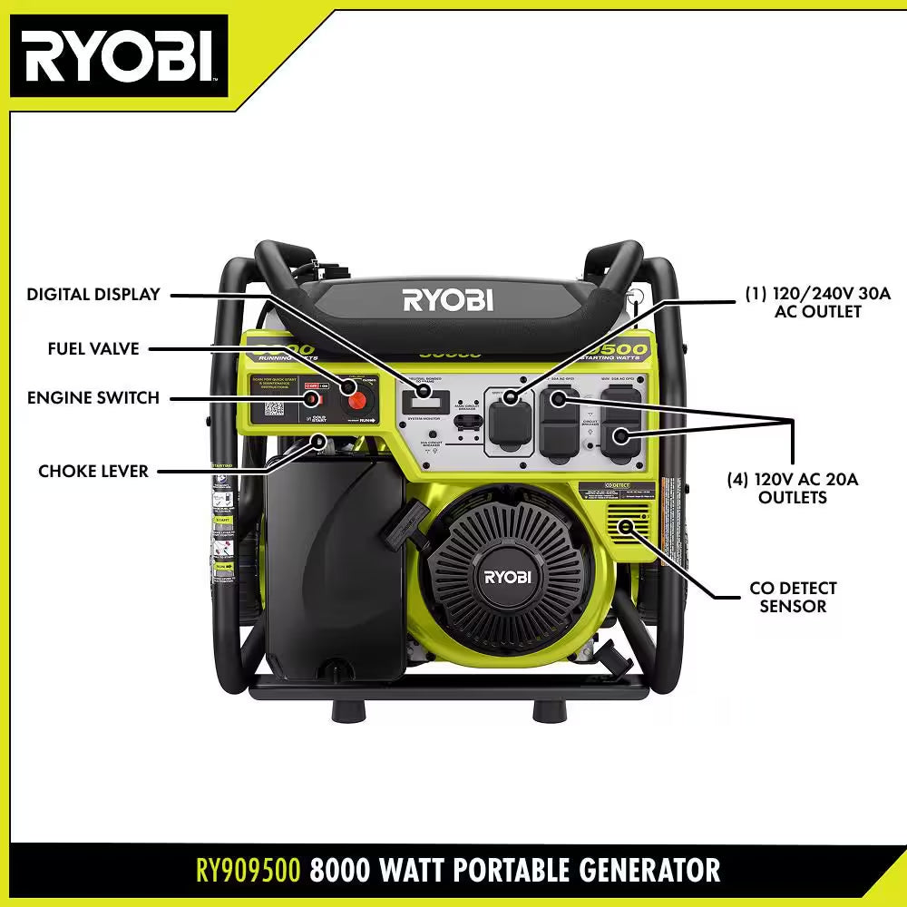9500-Watt Recoil Start Gasoline Powered Portable Generator with CO Detect Shutdown Sensor