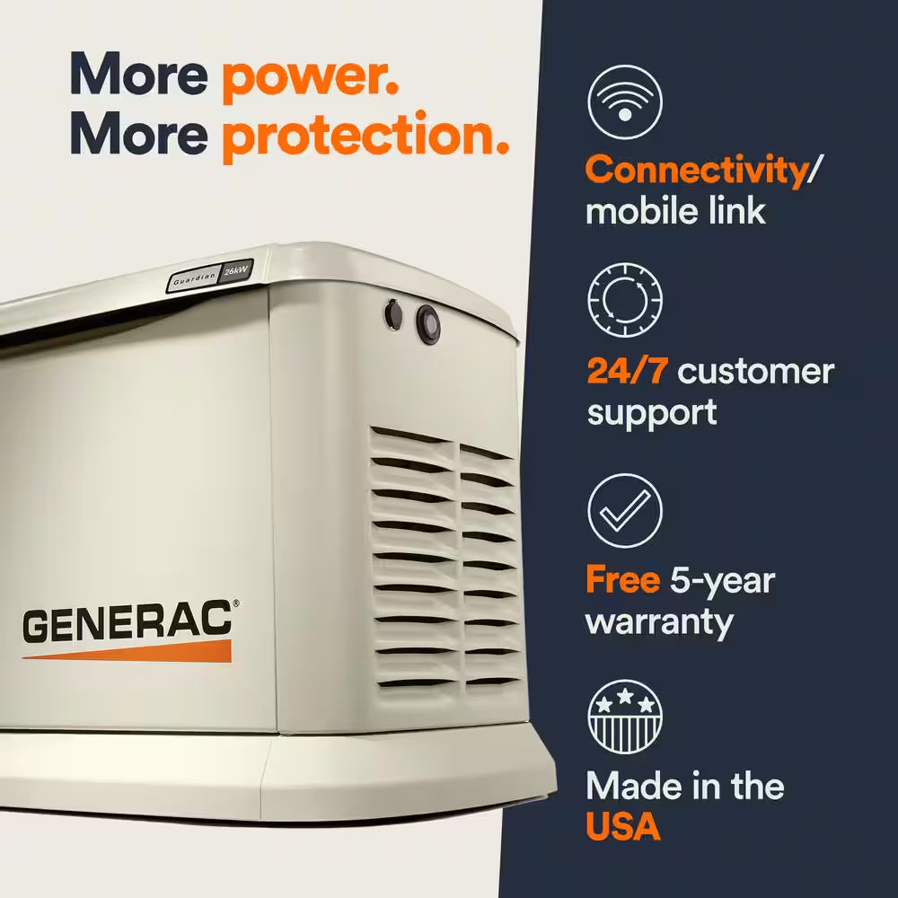 26,000 Watt - Dual Fuel Air- Cooled Whole House Home Standby Generator, Smart Home Monitoring & 200-AMP Transfer Switch