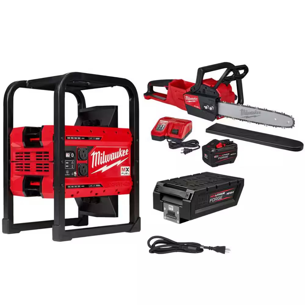 MX FUEL 3600-Watt/1800-Watt Lithium-Ion Push Start Portable Power Station Battery Generator & 16 In. Chainsaw Kit