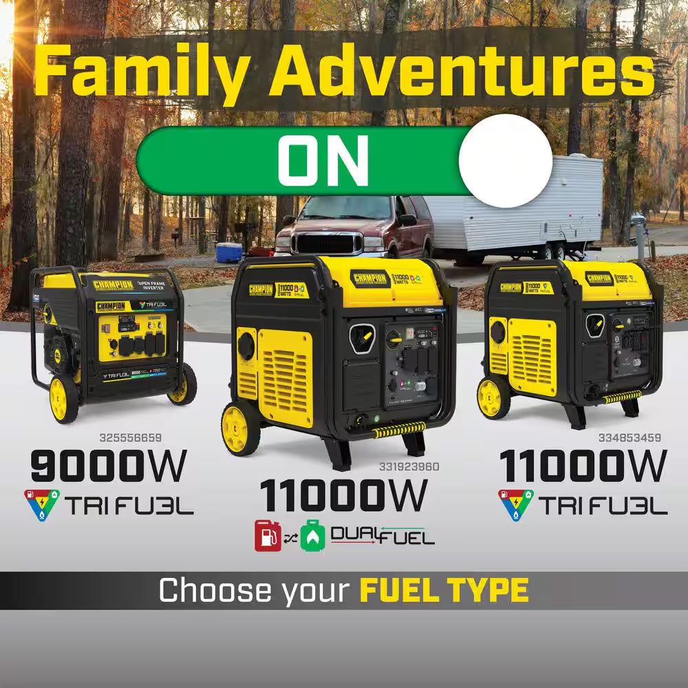 9000-Watt Electric Start Gasoline Propane and Natural Gas Tri Fuel Open Frame Inverter Generator, CO Shield, NG/LPG Hose
