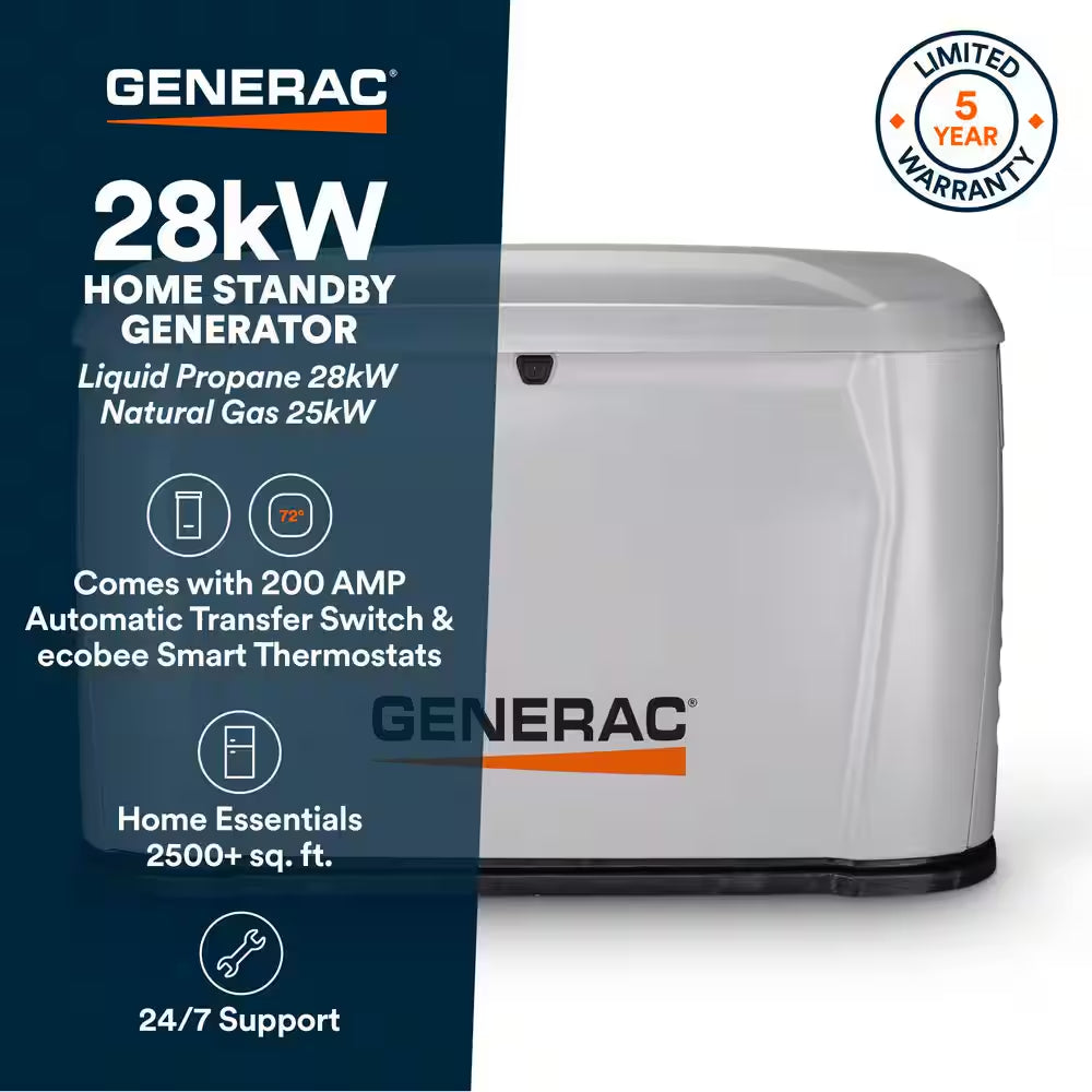 28,000 Watt Air-Cooled Whole House Home Standby Generator and 200-AMP Transfer Switch and Ecobee Smart Home Thermostat