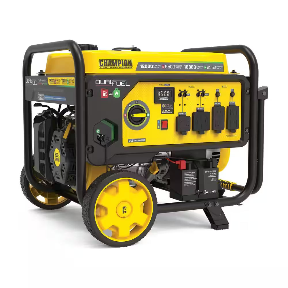 12,000/9,500-Watt Electric Start Dual Fuel Gasoline and Propane Home Backup Portable Generator, Free 3-Year Warranty