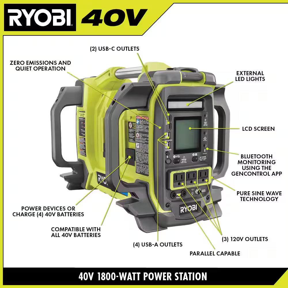 40V 1800-Watt Portable Battery Inverter Power Station, 4-Port Charger W/ 40V 300-Watt Inverter Power Source Tools Only