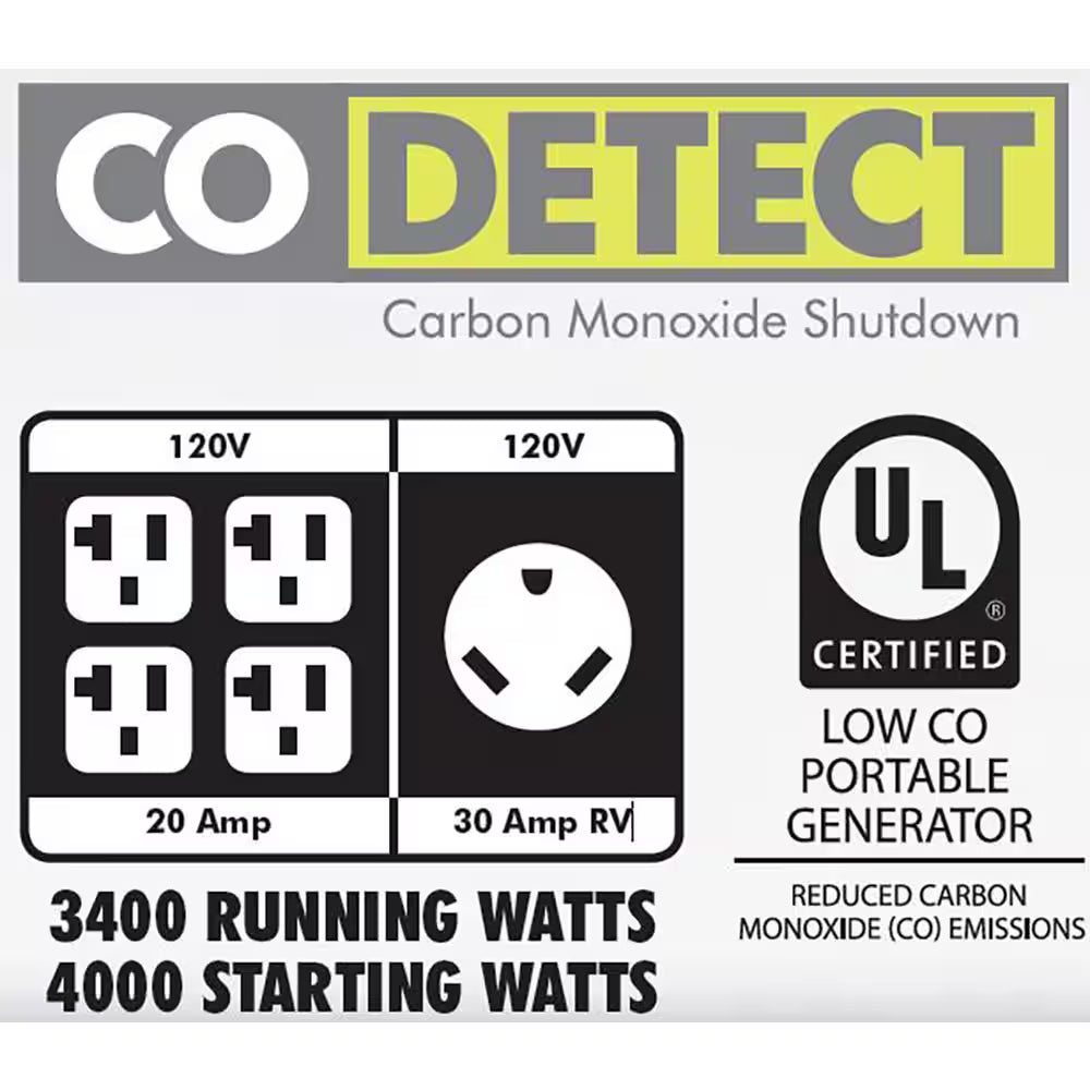 4000-Watt Recoil Start Gasoline Powered Digital Inverter Generator with CO Detect Shutdown Sensor