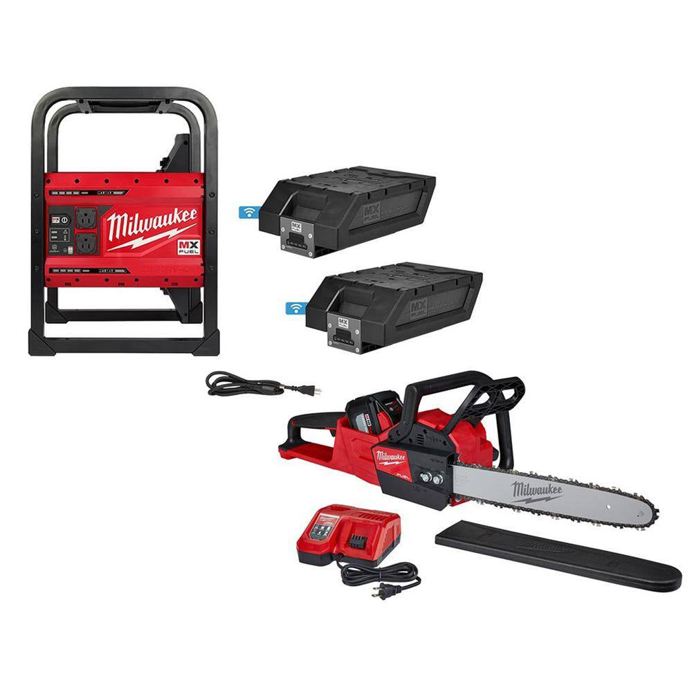 MX FUEL 3600-Watt/1800-Watt Lithium-Ion Push Start Portable Power Station Battery Generator & 16 In. Chainsaw Kit