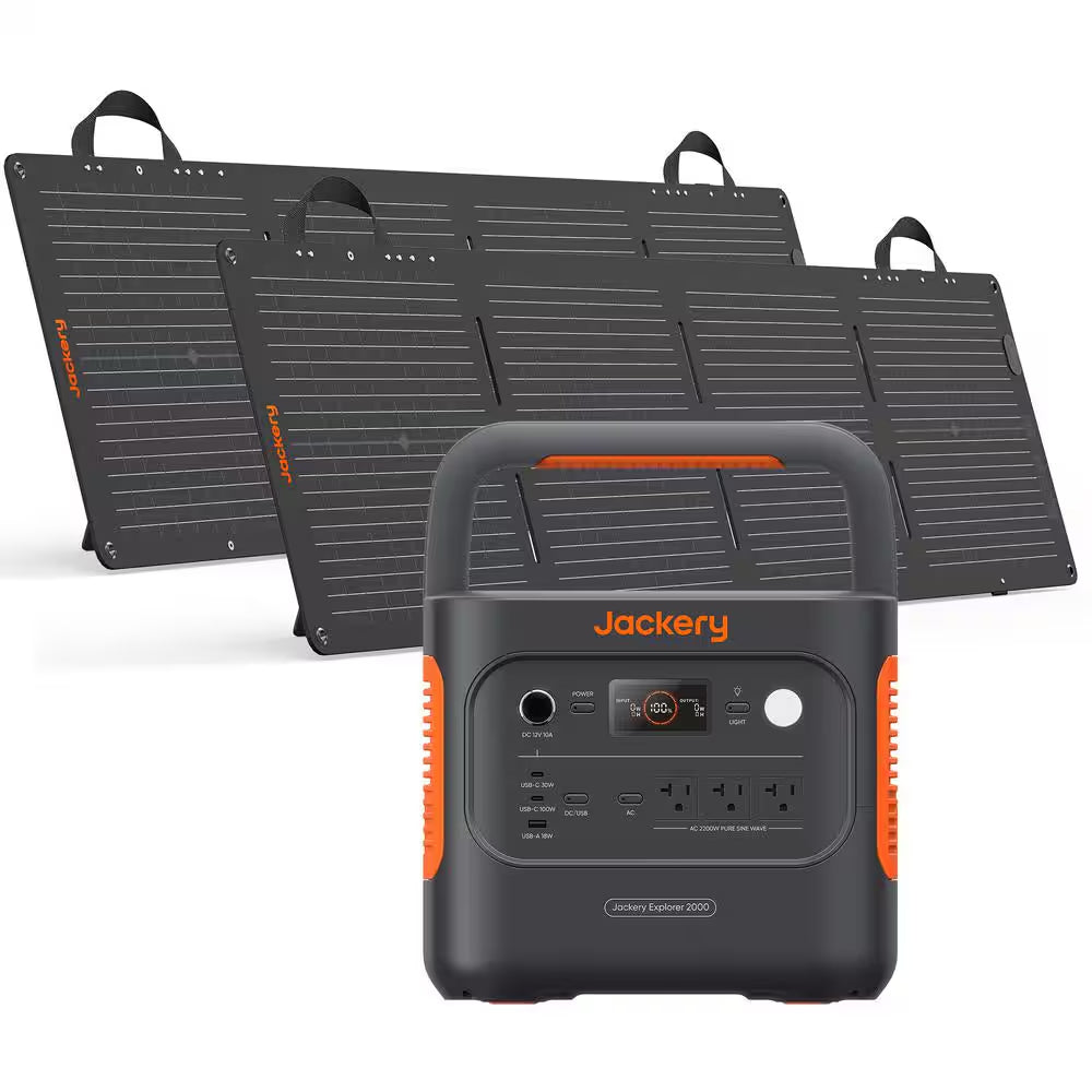 2200W Rated/4400W Peak Push Button Start Solar Generator 2000 V2 with 2 100W Mini-Solar Panels Outdoors and Emergency