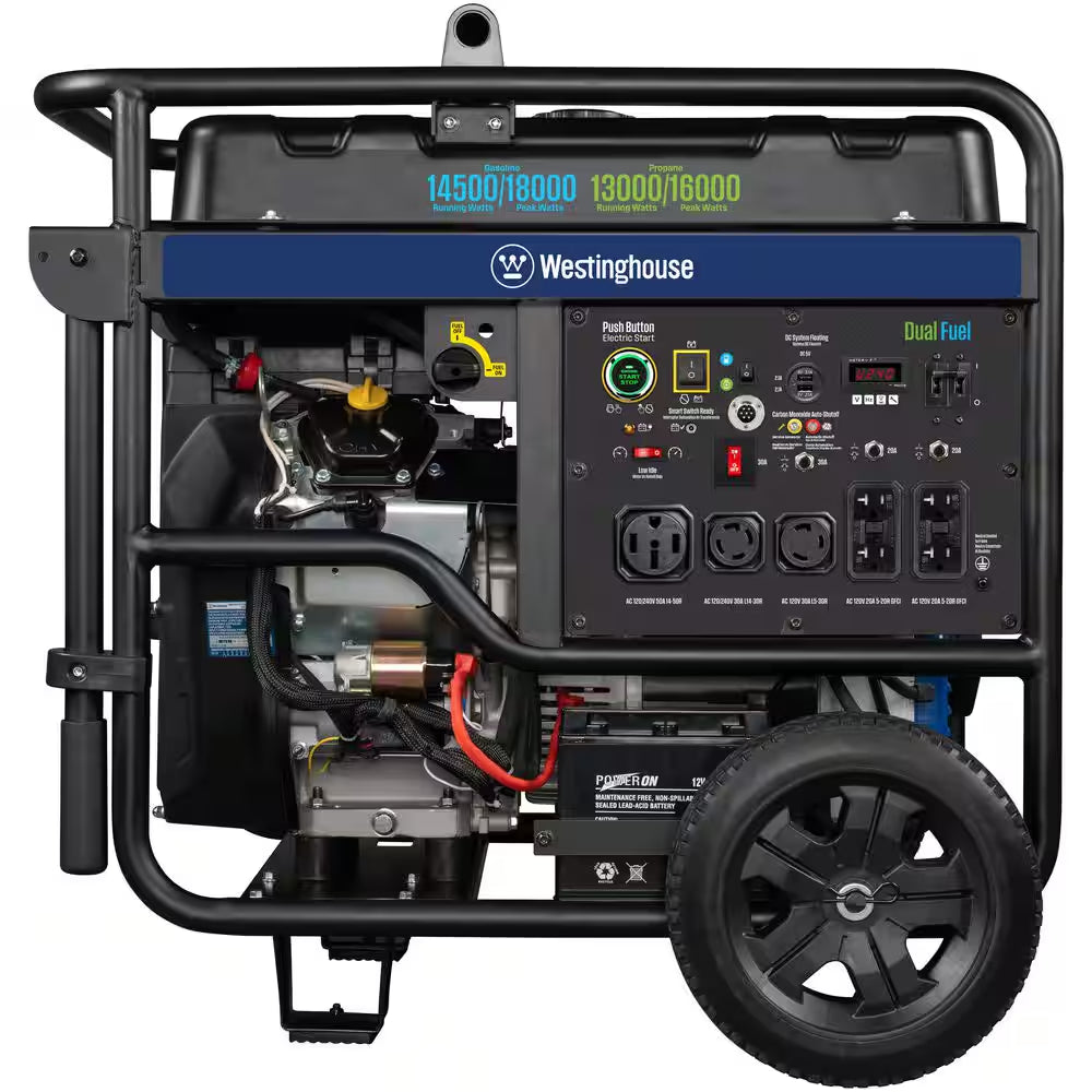 18,000/14,500-Watt Dual Fuel Gas and Propane Portable Generator with Remote Electric Start, Low THD, and 50 Amp Outlet
