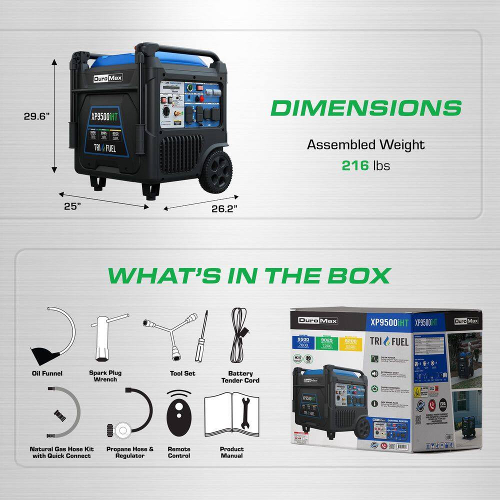 9,500 Watt Remote Start Quite Low THD Portable Tri-Fuel Inverter Generator