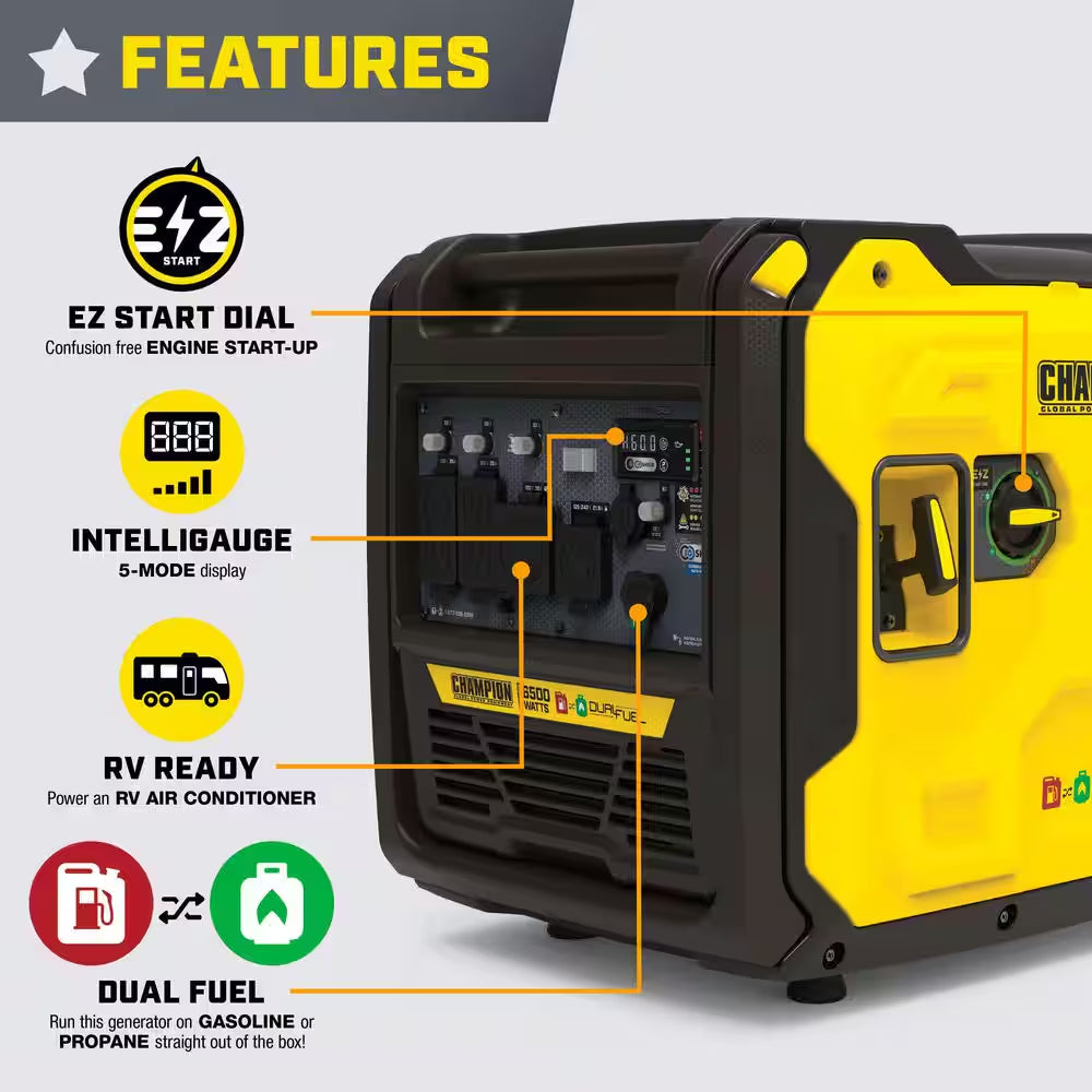 6500-Watt Recoil Start Gasoline and Propane Powered Dual Fuel Inverter Portable Generator W/ CO Shield, Quiet Technology