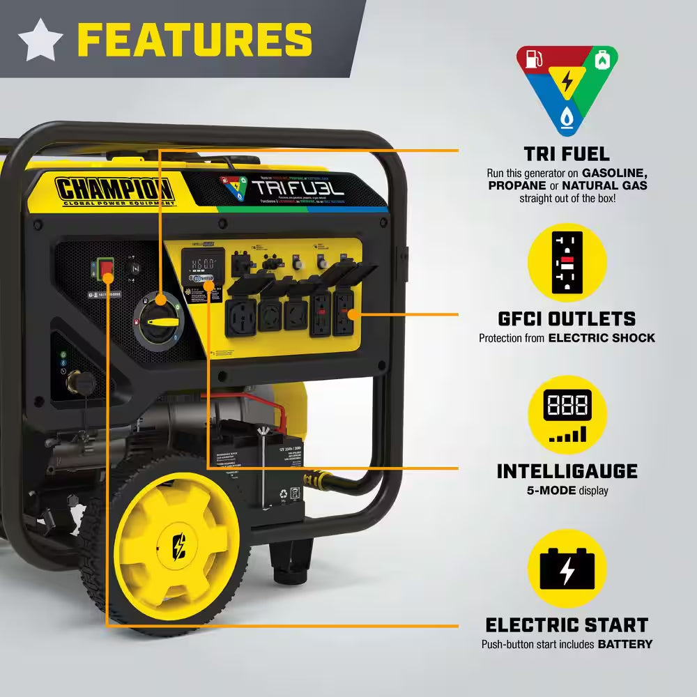 15,000/12,000-Watt Electric Start Gasoline Propane and Natural Gas Tri-Fuel Portable Generator, CO Shield, NG/LPG Hoses