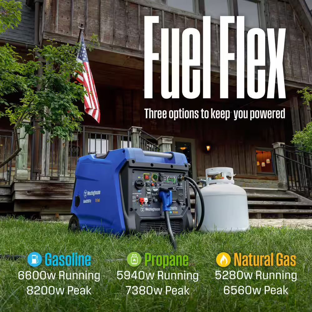 8,200-Watt Remote Electric Start Tri Fuel Gas, Propane, Natural Gas Powered Inverter Generator with CO Sensor