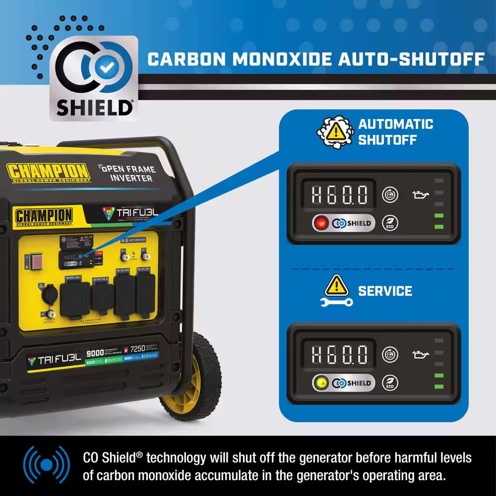 9000-Watt Electric Start Gasoline Propane and Natural Gas Tri Fuel Open Frame Inverter Generator, CO Shield, NG/LPG Hose