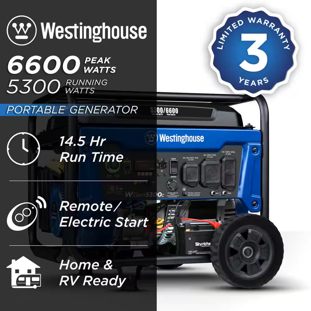 6,600/5,300-Watt Gas Powered Portable Generator with Remote Electric Start and 30A 120/240V Outlet