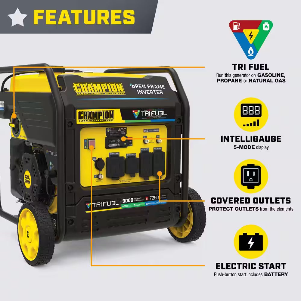 9000-Watt Electric Start Gasoline Propane and Natural Gas Tri Fuel Open Frame Inverter Generator, CO Shield, NG/LPG Hose