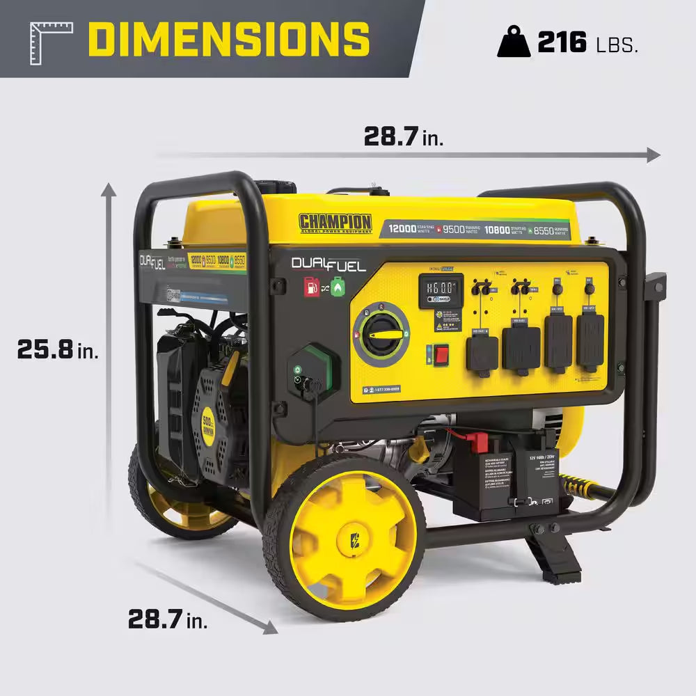 12,000/9,500-Watt Electric Start Dual Fuel Gasoline and Propane Home Backup Portable Generator, Free 3-Year Warranty