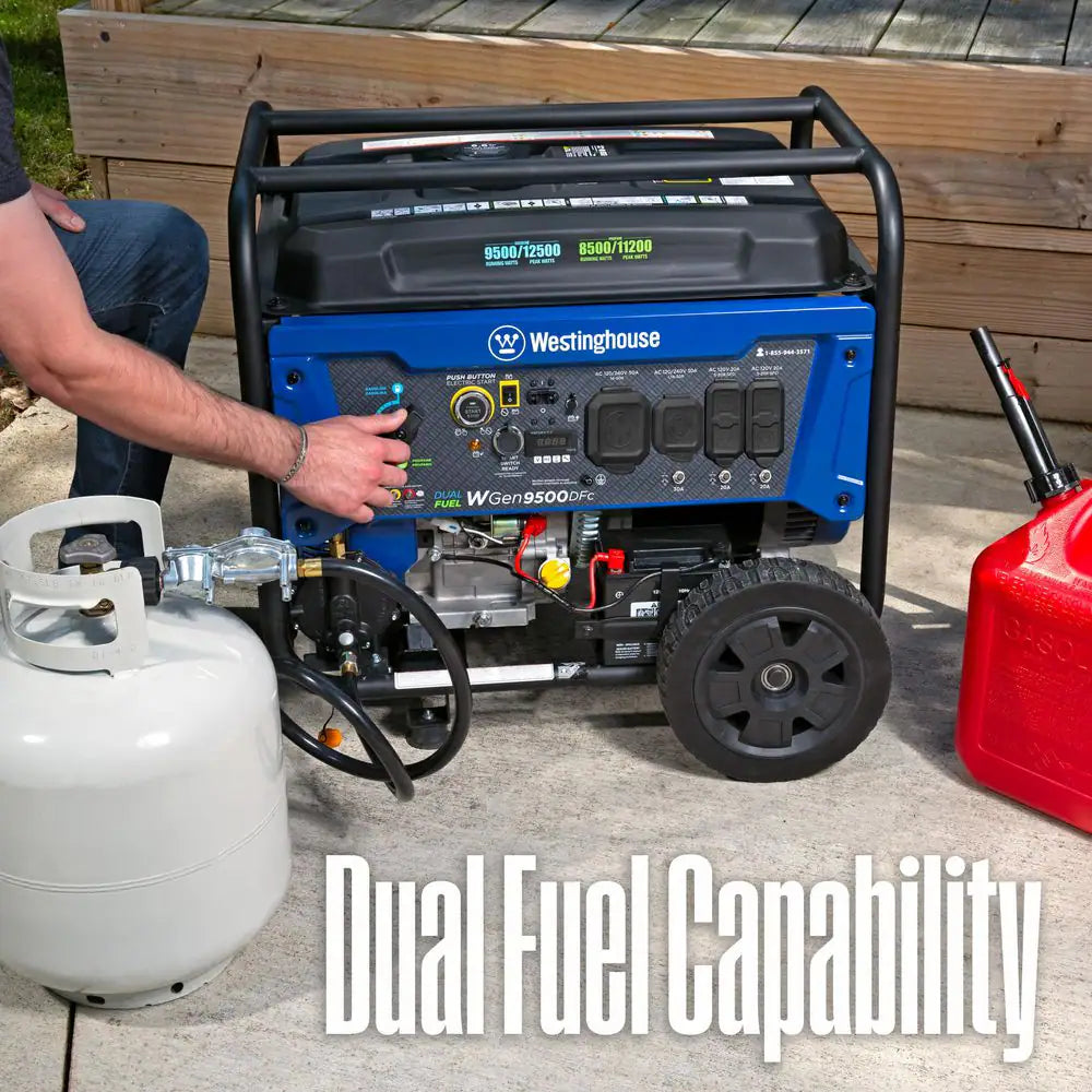 12,500/9,500-Watt Dual Fuel Gas and Propane Powered Portable Generator with Remote Electric Start, 50 Amp Outlet