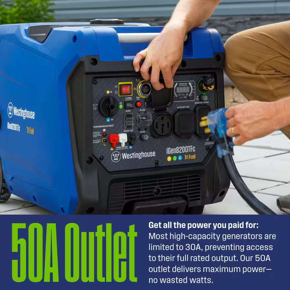 8,200-Watt Remote Electric Start Tri Fuel Gas, Propane, Natural Gas Powered Inverter Generator with CO Sensor