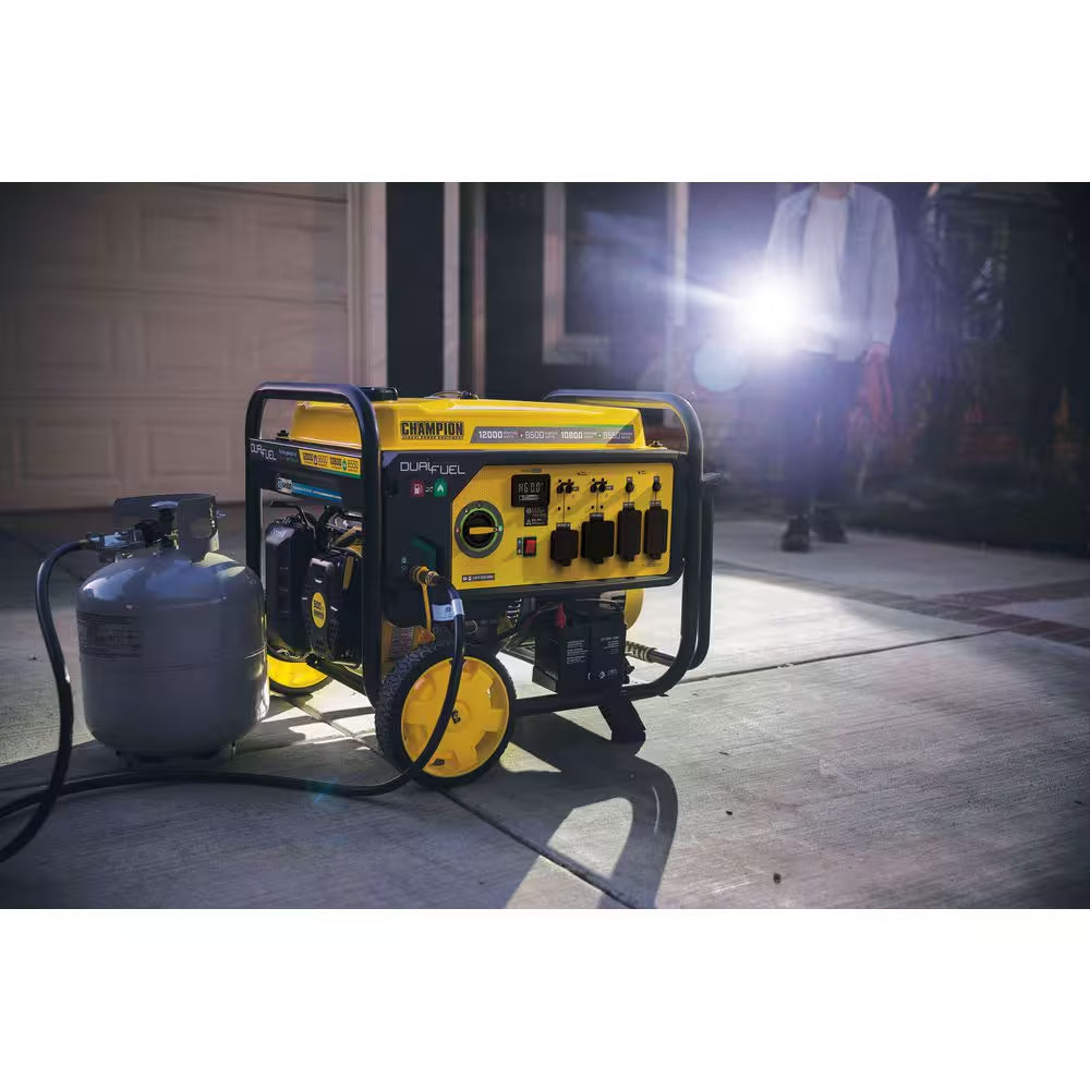 12,000/9,500-Watt Electric Start Dual Fuel Gasoline and Propane Home Backup Portable Generator, Free 3-Year Warranty