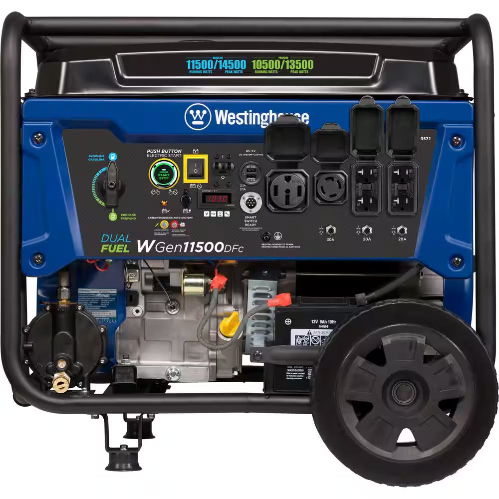 14,500-Watt/11,500-Watt Remote Start Dual Fuel Gas and Propane Portable Generator with Transfer Switch Outlet, CO Sensor