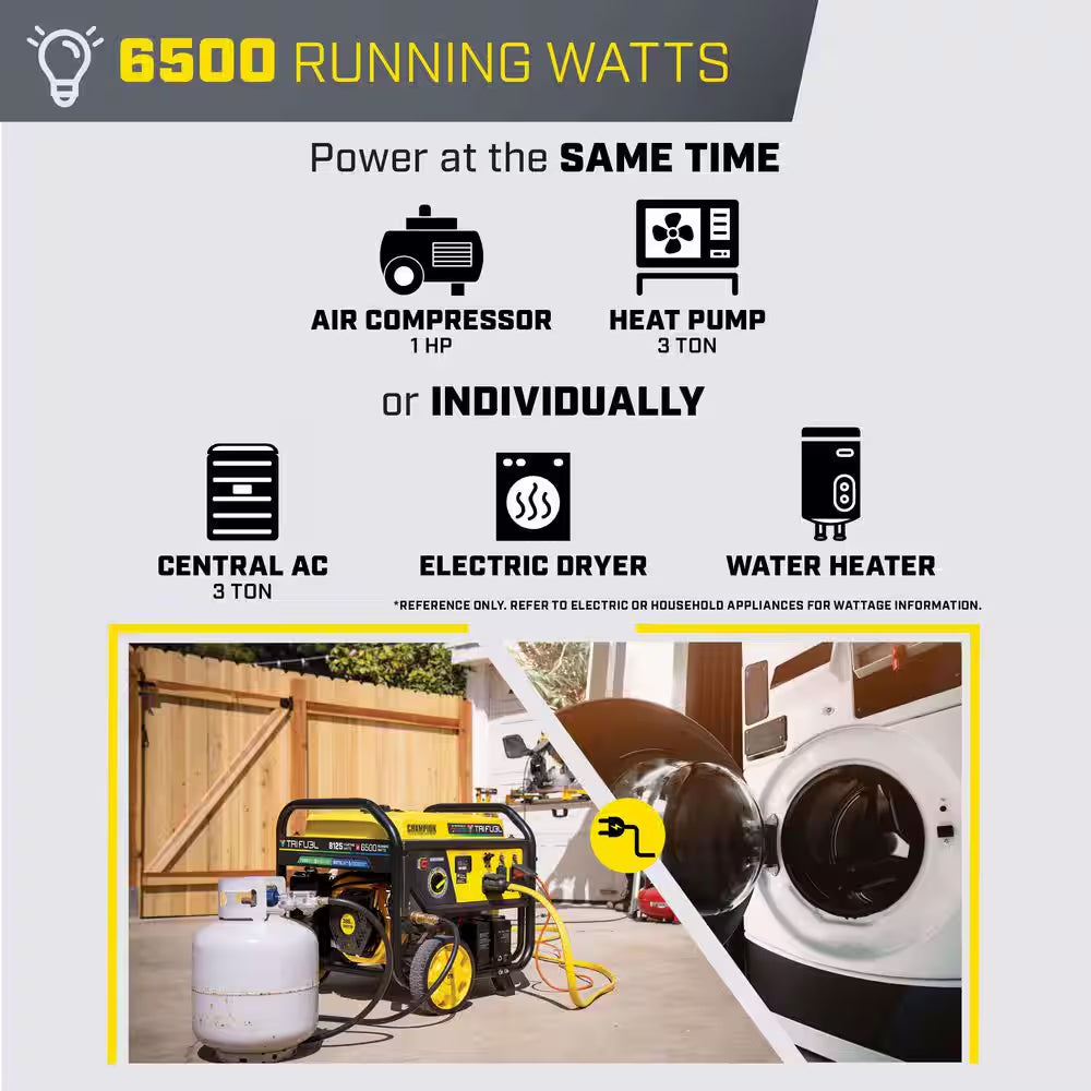 8,125/6,500-Watt Electric Start Gasoline Propane and Natural Gas Tri-Fuel Portable Generator, CO Shield, NG/LPG Hoses