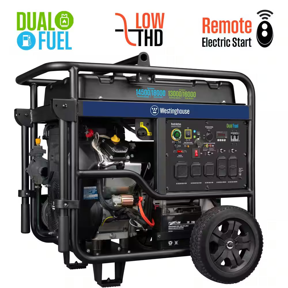 18,000/14,500-Watt Dual Fuel Gas and Propane Portable Generator with Remote Electric Start, Low THD, and 50 Amp Outlet