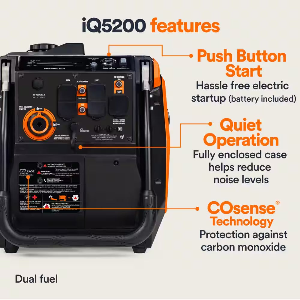5200/3900-Watt Dual Fuel Inverter Generator, Fully Enclosed Case and Easy-To-Use Electric Start with Battery Included