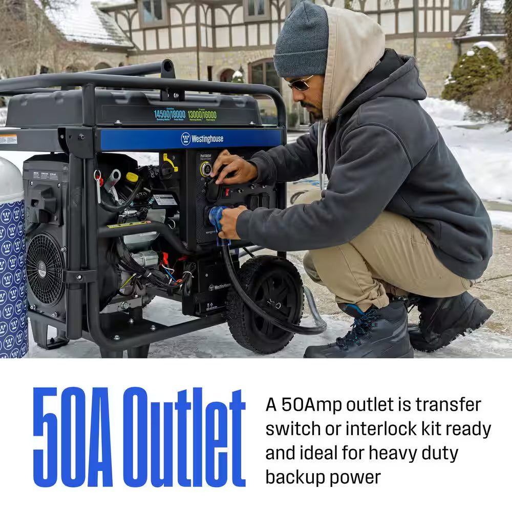 18,000/14,500-Watt Dual Fuel Gas and Propane Portable Generator with Remote Electric Start, Low THD, and 50 Amp Outlet