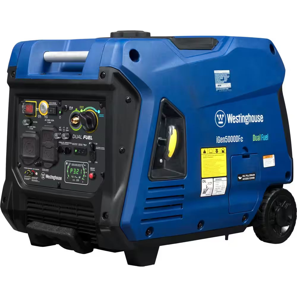 5,000-Watt Dual Fuel Gas and Propane Powered Portable Inverter Generator with Remote Electric Start, LED Data Center